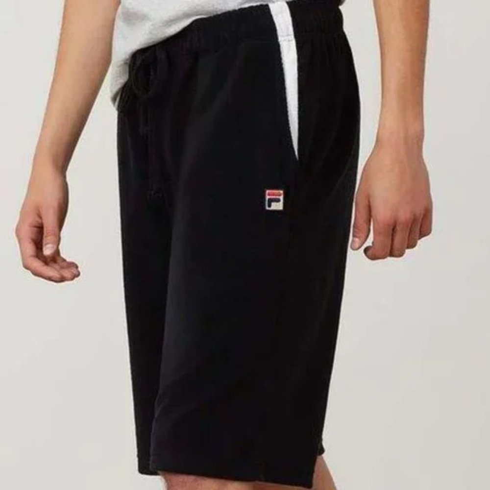 Men's FILA Gabe French Terry Shorts Size Small Black White Drawstring Long NEW
